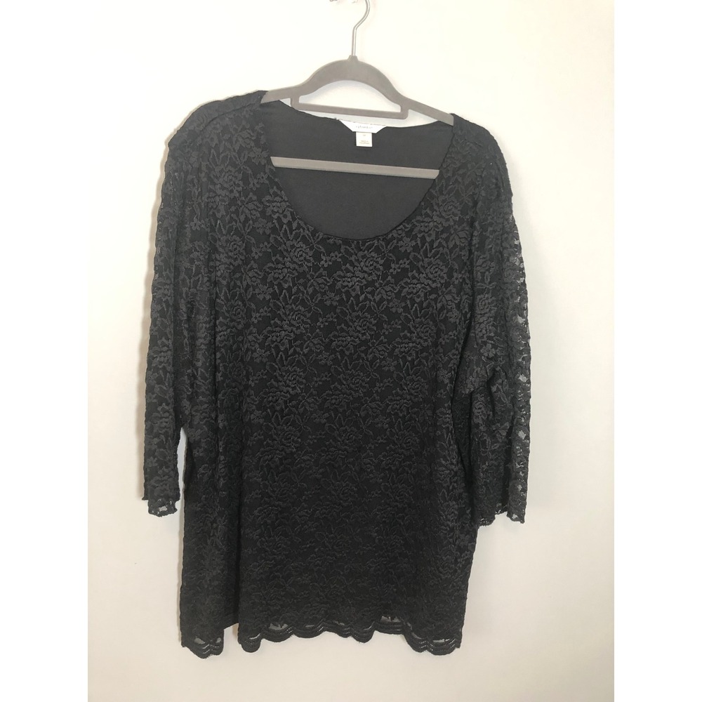 CJ Banks Lace Top Women 3X Black Floral Scoop Neck 3/4 Sleeve Scalloped Hem